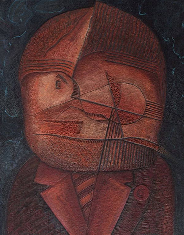 Forked Tongue, Handmade paper, The Human Form, Acrylic, pastel, water color, wax pencil on incised handmade paper. Year 2002.