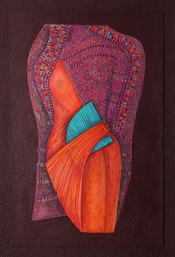 Fuchsia Figure, Handmade paper, The Human Form, Acrylic and gold leaf on incised handmade paper. Year 2005.